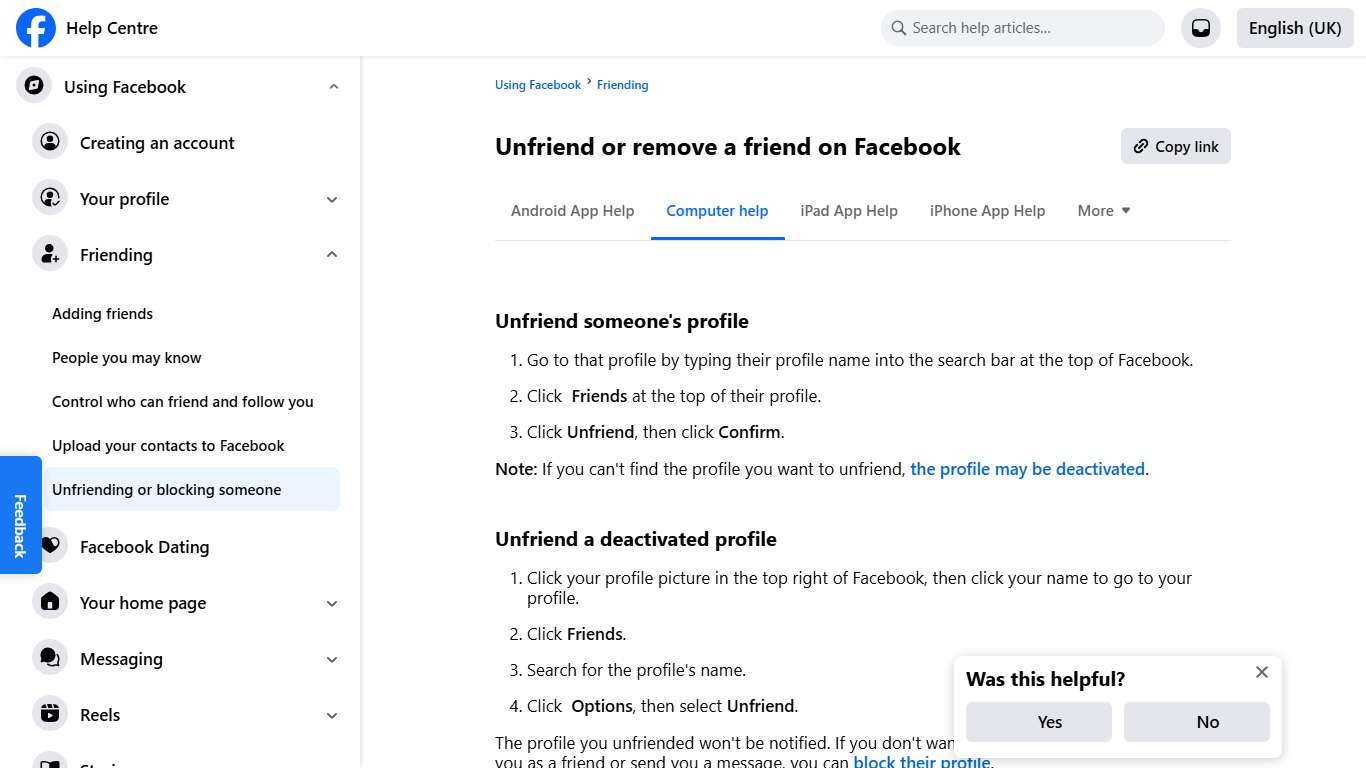 Unfriend or remove a friend on Facebook Facebook Help Centre