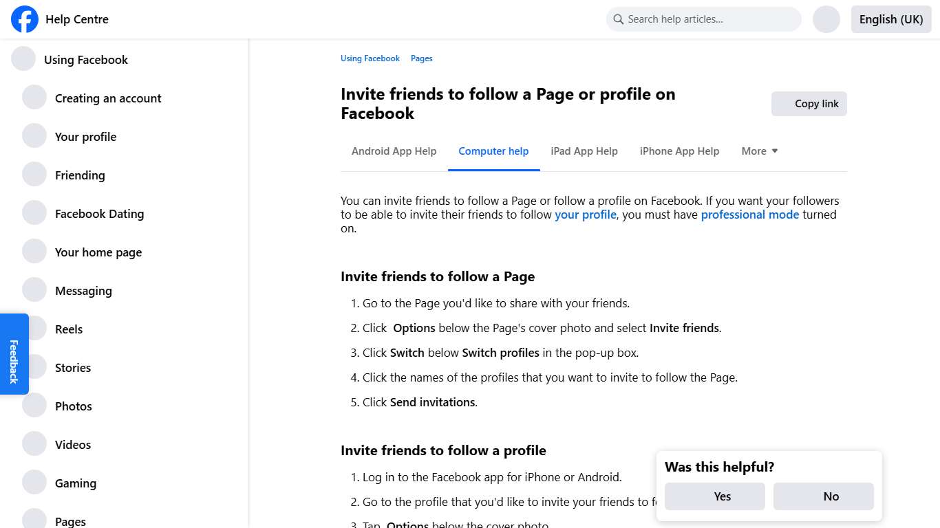Invite friends to follow a Page or profile on Facebook Facebook Help Centre